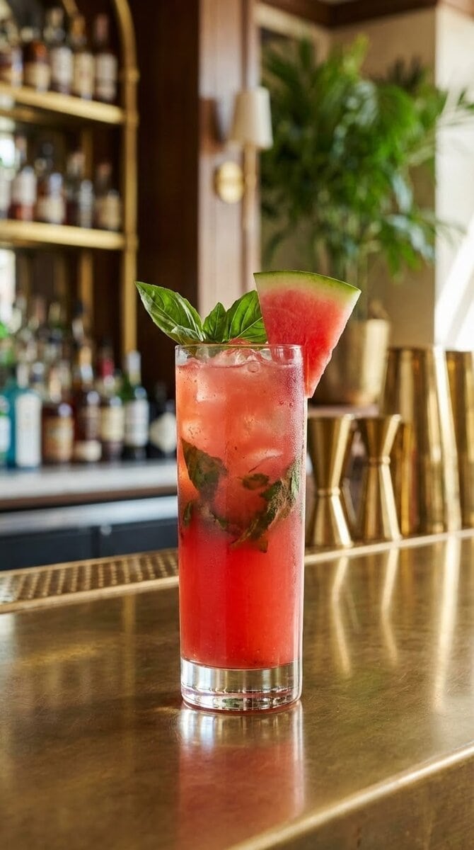 A beautiful, appetizing photo of Watermelon Basil Refresher cocktail, professional drink photography,...