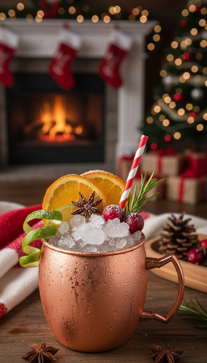 Winter Citrus Moscow Mule cocktail in xmas atmosphere