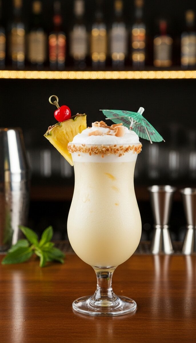 A beautiful, appetizing photo of Coconut Pineapple Paradise cocktail, professional drink photography,...