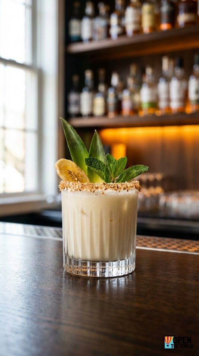 A beautiful, appetizing photo of Coco-Nutty Dream cocktail, professional drink photography, elegant g...