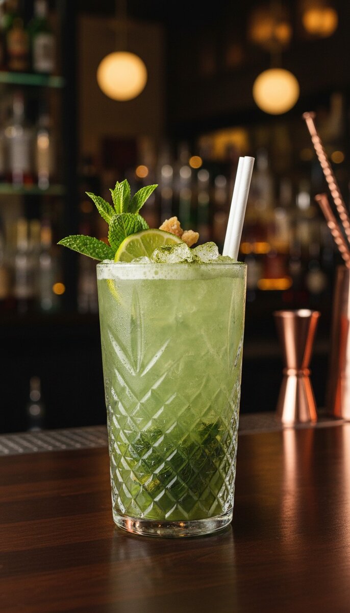 A beautiful, appetizing photo of Green Tea Mojito cocktail, professional drink photography, elegant g...