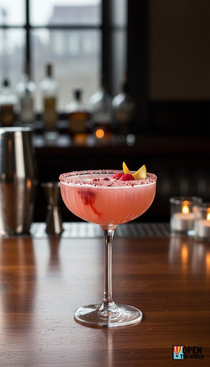A beautiful, appetizing photo of Raspberry Rose Kiss cocktail, professional drink photography, elegan...