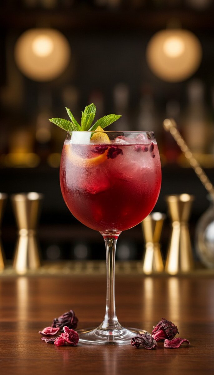 A beautiful, appetizing photo of Hibiscus Iced Tea cocktail, professional drink photography, elegant ...