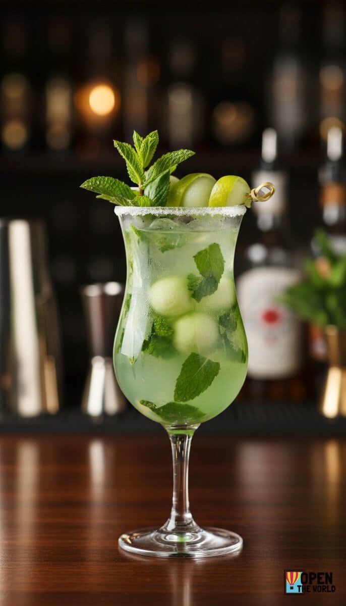 A beautiful, appetizing photo of Minty Melon Cooler cocktail, professional drink photography, elegant...
