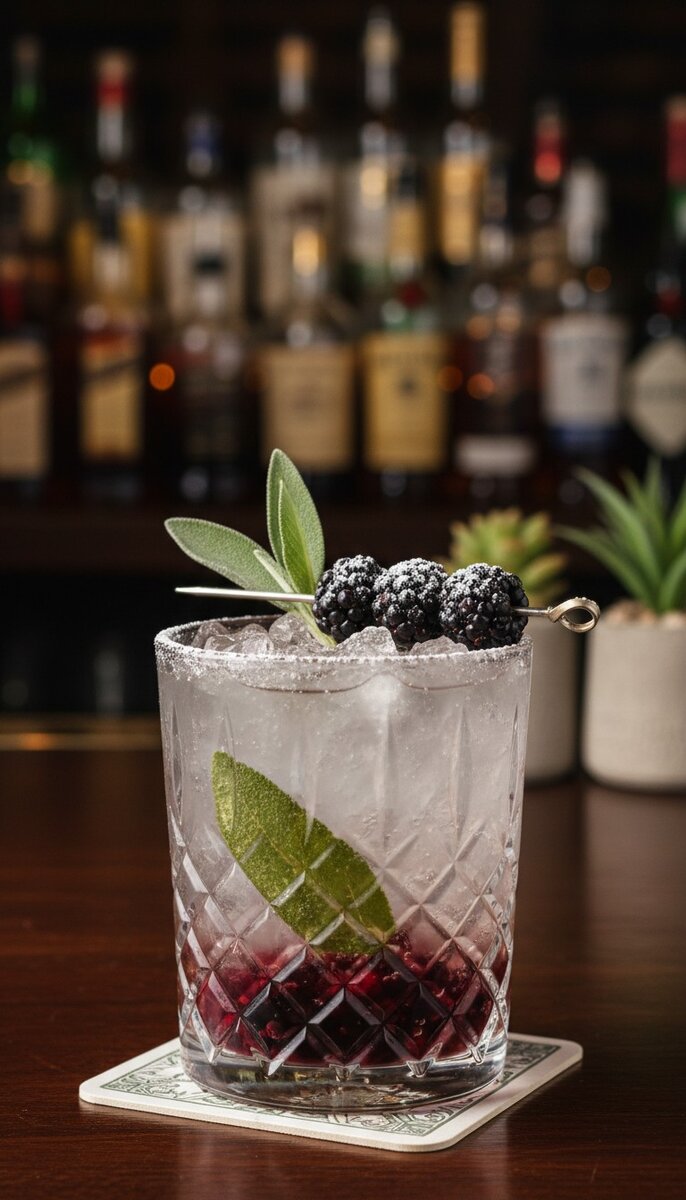 A beautiful, appetizing photo of Blackberry Sage Smash cocktail, professional drink photography, eleg...