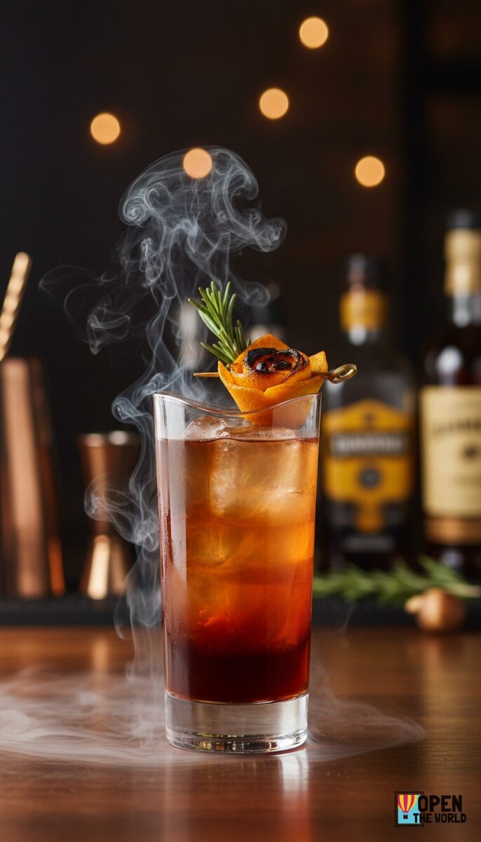 A beautiful, appetizing photo of Smoky Sunset cocktail, professional drink photography, elegant glass...