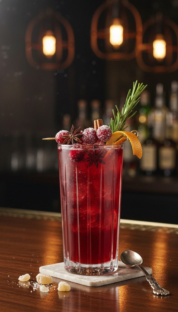 A beautiful, appetizing photo of Spiced Cranberry Punch cocktail, professional drink photography, ele...