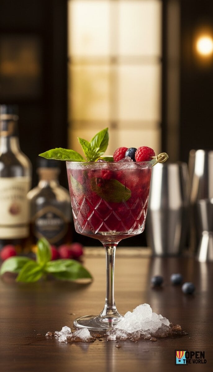 A beautiful, appetizing photo of Basil Berry Smash cocktail, professional drink photography, elegant ...