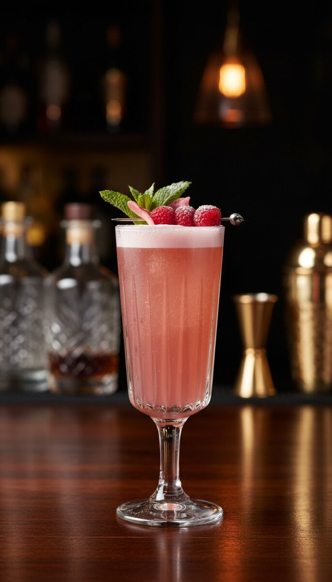 A beautiful, appetizing photo of Raspberry Rose Fizz cocktail, professional drink photography, elegan...