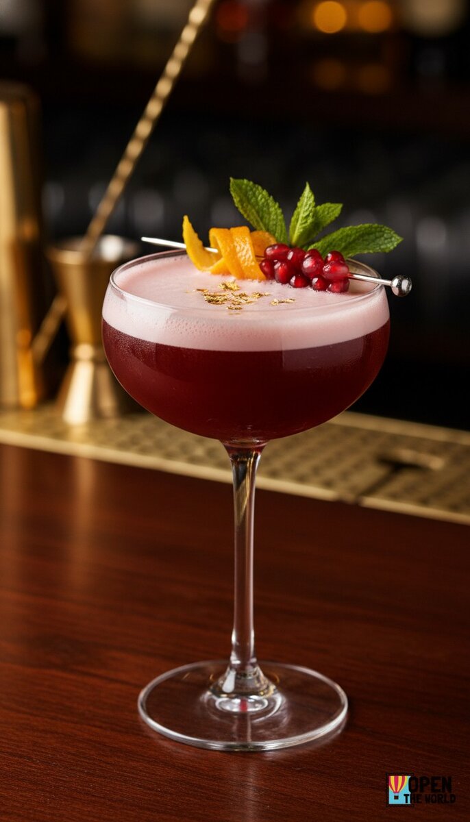 A beautiful, appetizing photo of Pomegranate Perfection cocktail, professional drink photography, ele...