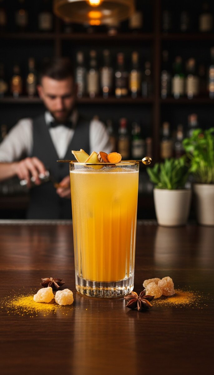 A beautiful, appetizing photo of Turmeric Ginger Elixir cocktail, professional drink photography, ele...