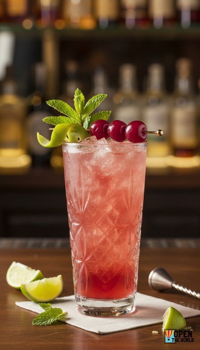 A beautiful, appetizing photo of Cherry Limeade Fizz cocktail, professional drink photography, elegan...
