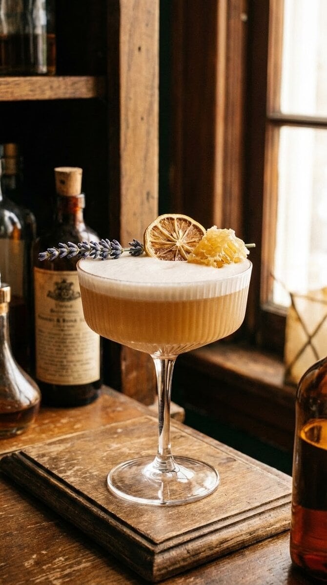 A beautiful, appetizing photo of Lavender Honey Bourbon Sour cocktail, professional drink photography...