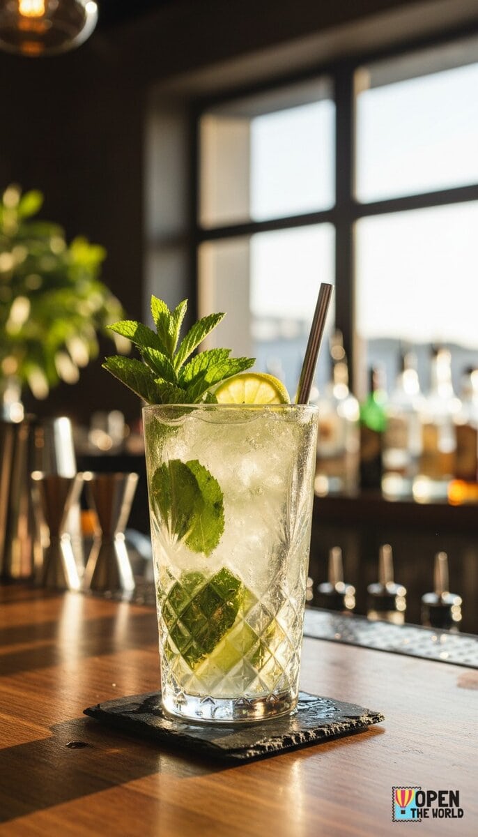 A beautiful, appetizing photo of Virgin Mojito cocktail, professional drink photography, elegant glas...
