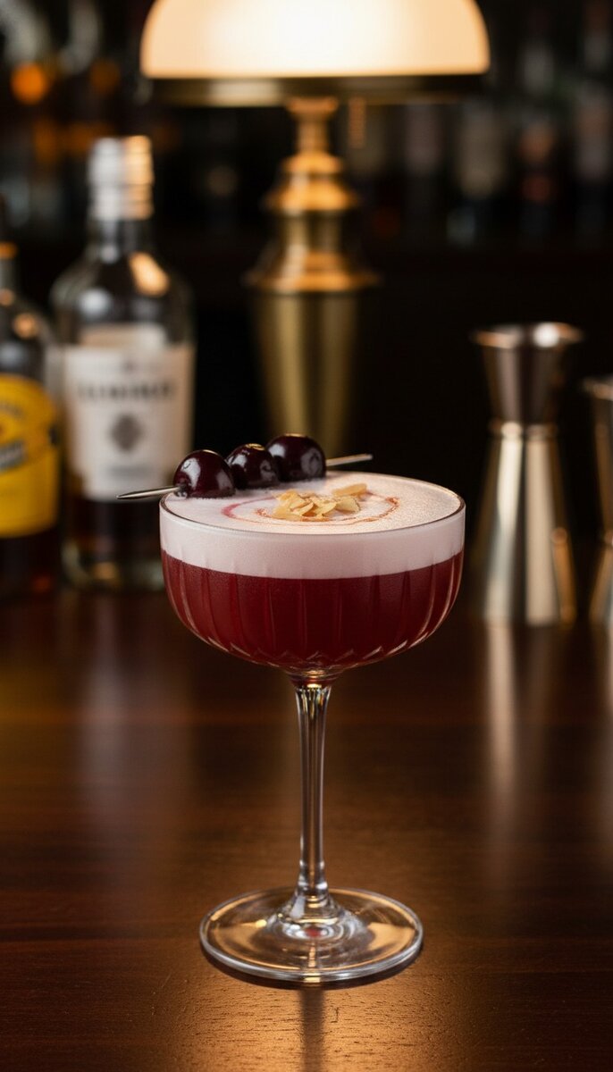 A beautiful, appetizing photo of Cherry Almond Amaretto Sour cocktail, professional drink photography...