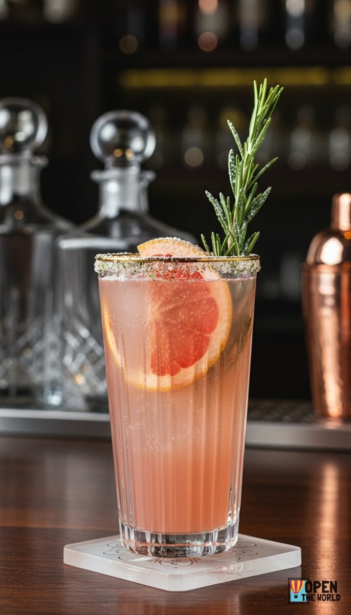 A beautiful, appetizing photo of Grapefruit Rosemary Sparkler cocktail, professional drink photograph...