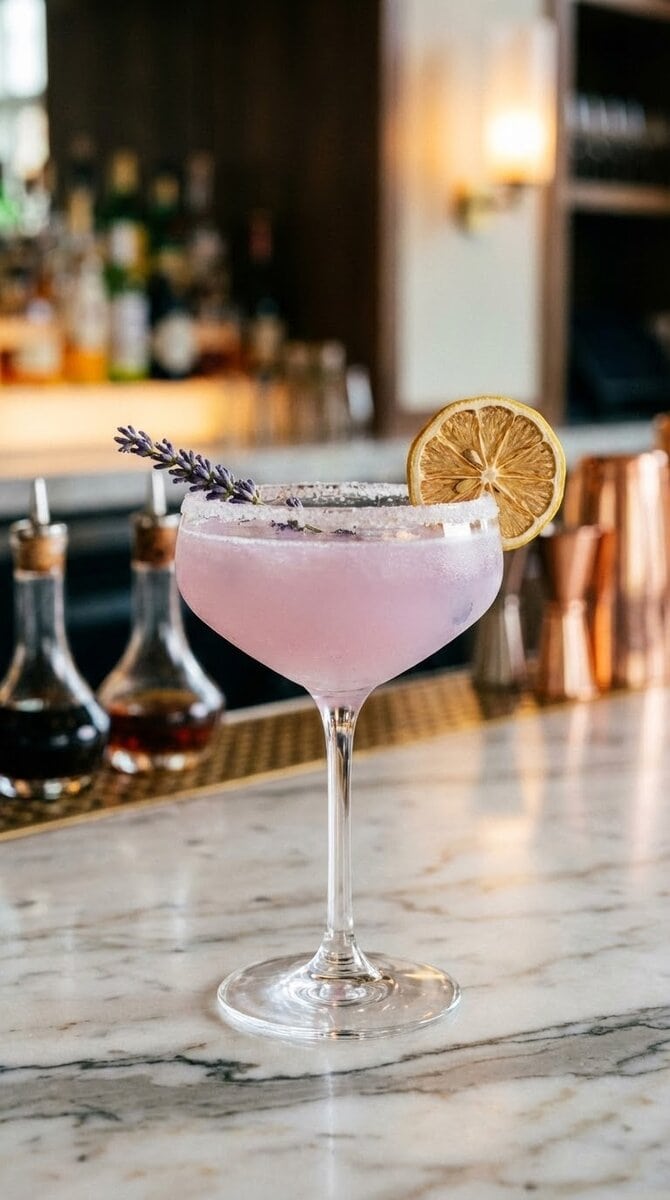A beautiful, appetizing photo of Lavender Lemonade Refresher cocktail, professional drink photography...