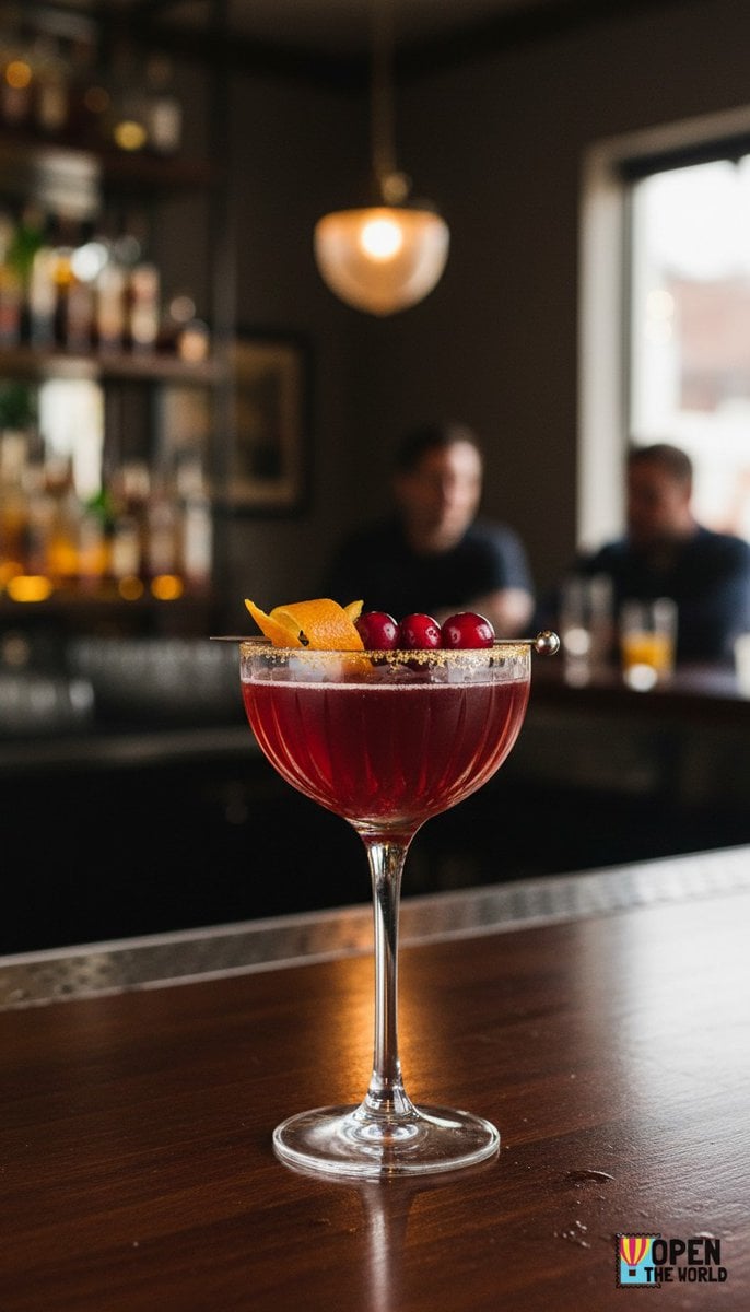 A beautiful, appetizing photo of Crimson Sparkler cocktail, professional drink photography, elegant g...