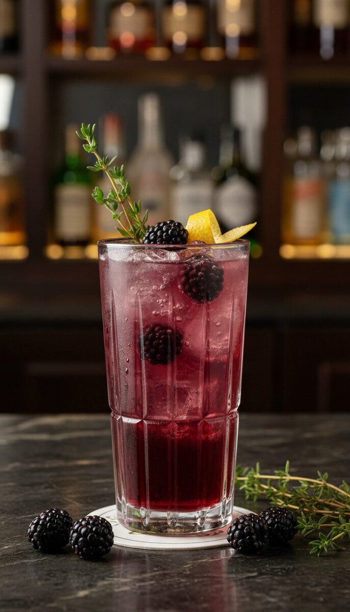 A beautiful, appetizing photo of Blackberry Thyme Gin & Tonic cocktail, professional drink photograph...