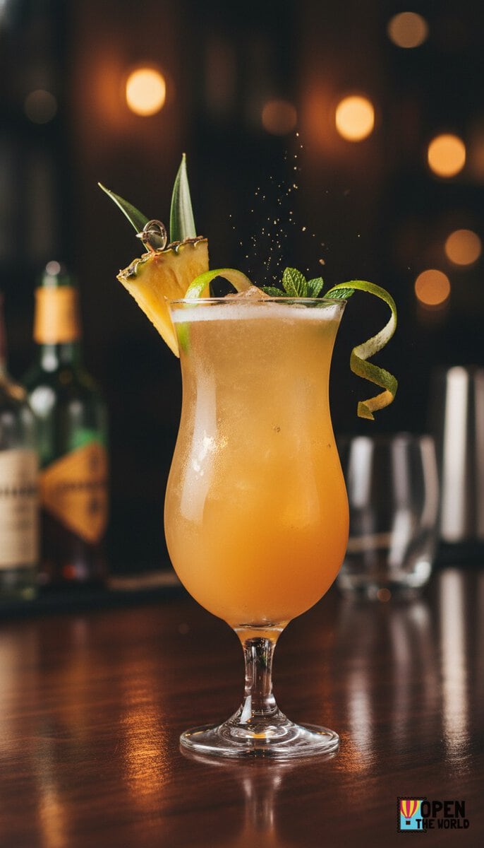 A beautiful, appetizing photo of Pineapple Punch Delight cocktail, professional drink photography, el...