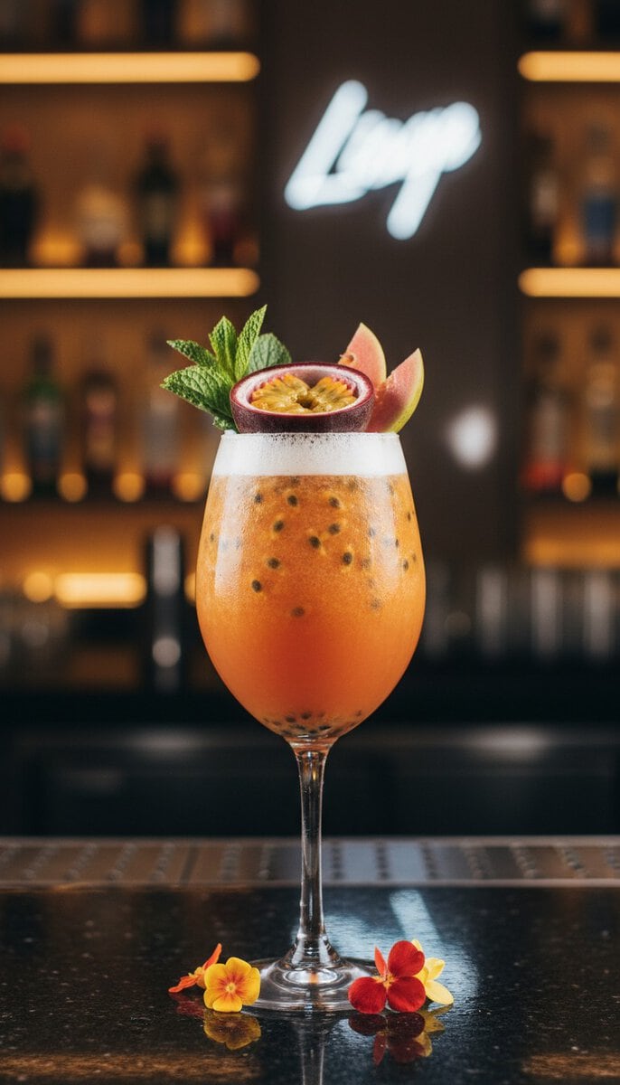 A beautiful, appetizing photo of Passion Fruit Guava Mocktail cocktail, professional drink photograph...