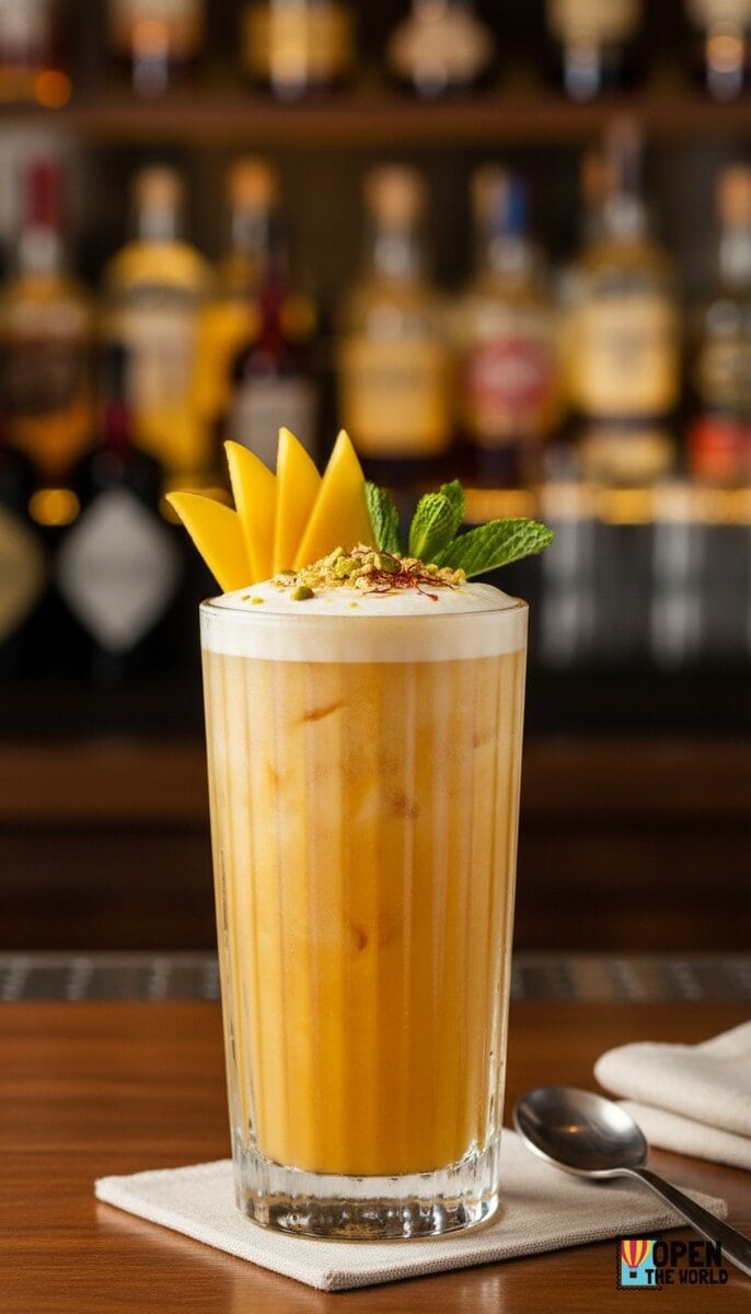 A beautiful, appetizing photo of Mango Lassi Cooler cocktail, professional drink photography, elegant...