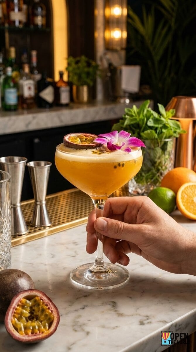 A beautiful, appetizing photo of Passionfruit Paradise cocktail, professional drink photography, eleg...