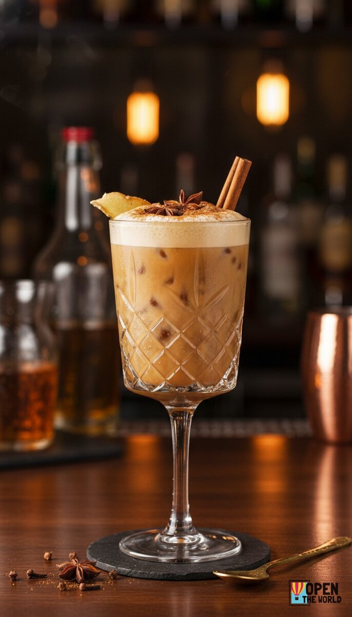 A beautiful, appetizing photo of Iced Chai Spice Latte cocktail, professional drink photography, eleg...