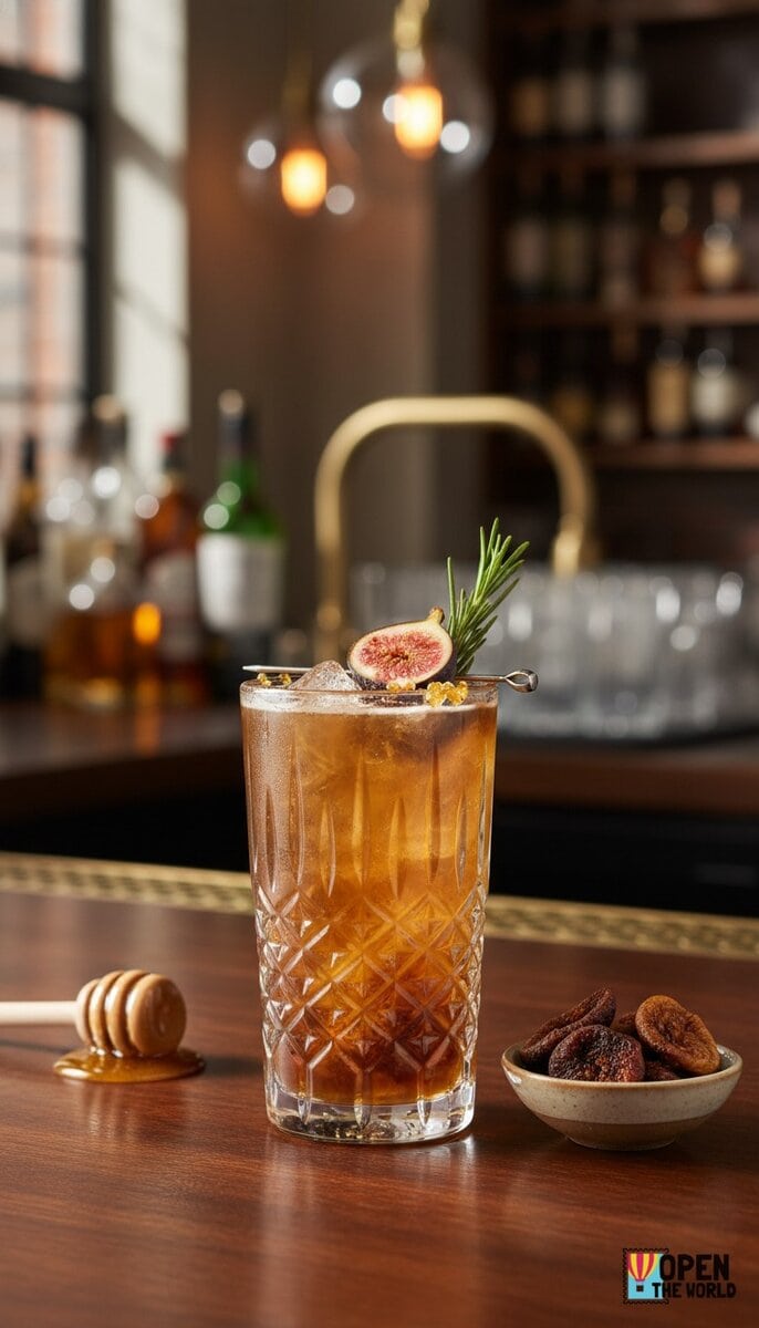 A beautiful, appetizing photo of Fig & Honey Refresher cocktail, professional drink photography, eleg...