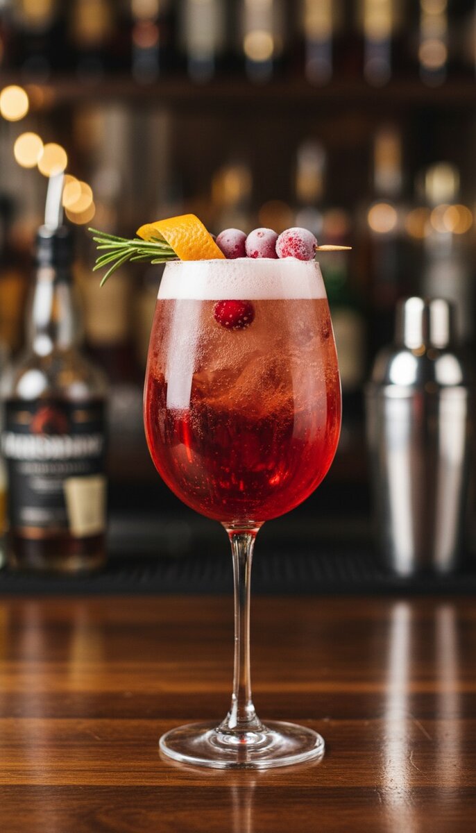 A beautiful, appetizing photo of Cranberry Orange Spritz cocktail, professional drink photography, el...