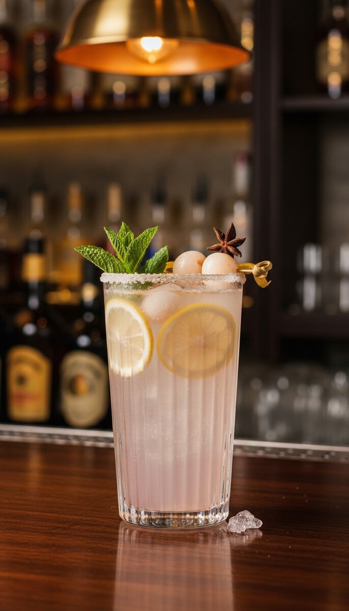 A beautiful, appetizing photo of Lychee Lemonade cocktail, professional drink photography, elegant gl...