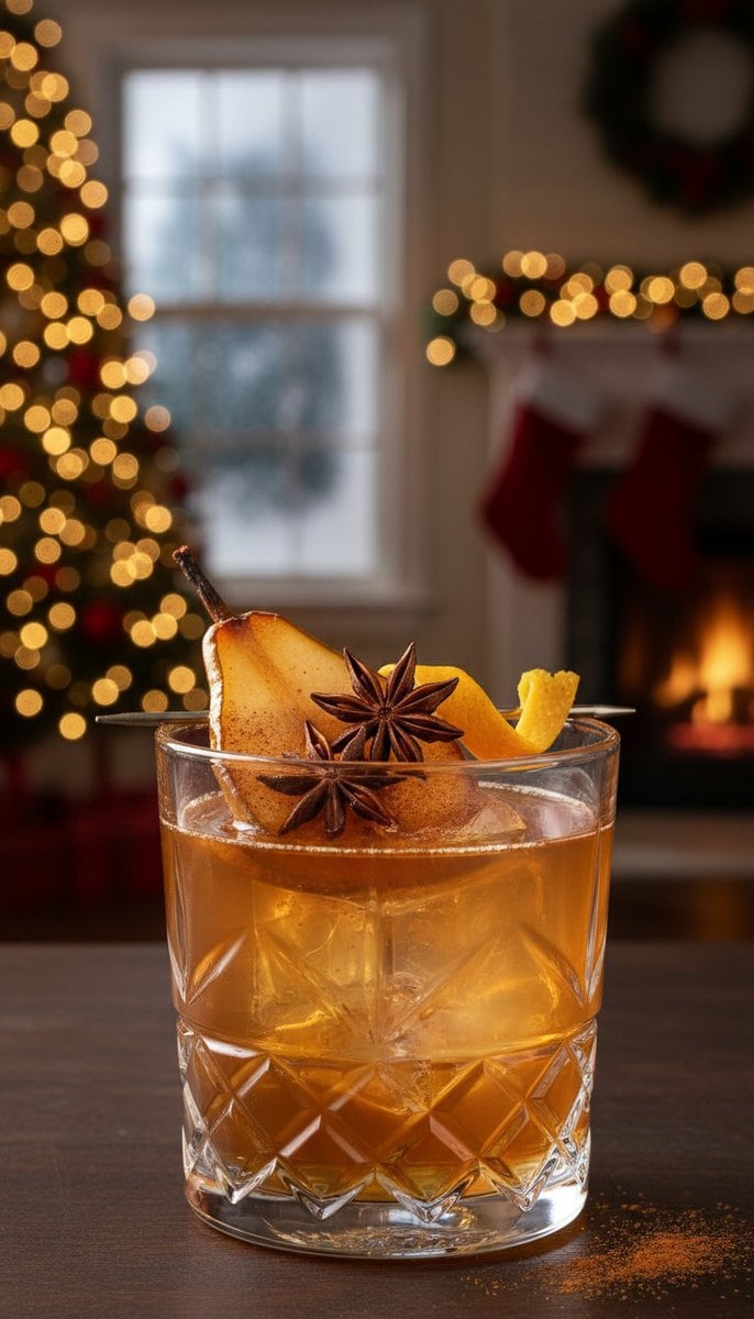 Spiced Pear Old Fashioned cocktail in xmas atmosphere