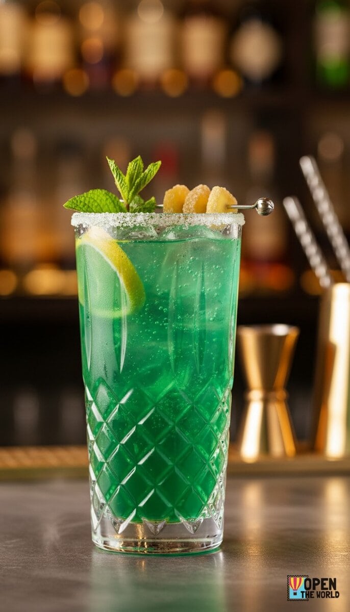 A beautiful, appetizing photo of Emerald Elixir cocktail, professional drink photography, elegant gla...