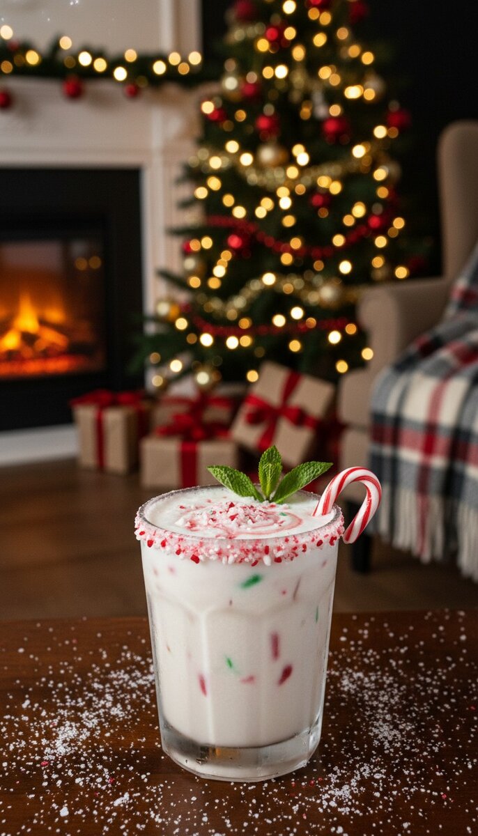 Peppermint White Russian cocktail in xmas atmosphere