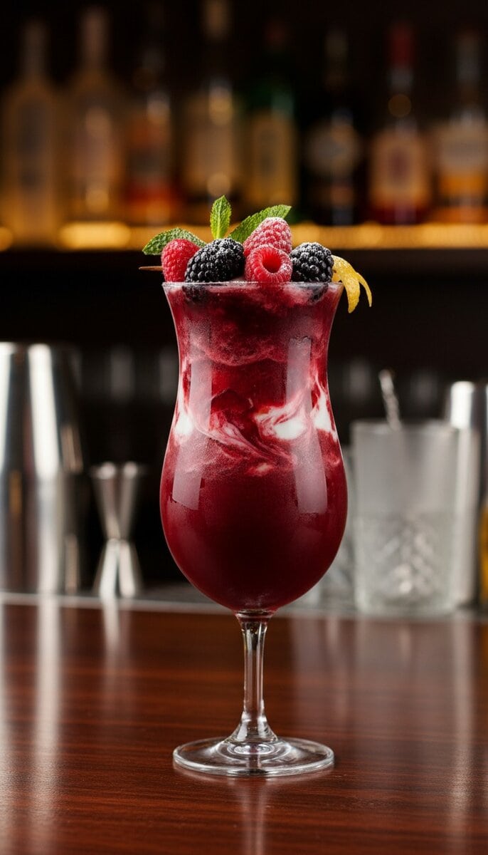 A beautiful, appetizing photo of Berry Bliss Smoothie cocktail, professional drink photography, elega...