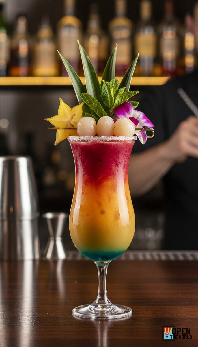 A beautiful, appetizing photo of Tropical Tango cocktail, professional drink photography, elegant gla...