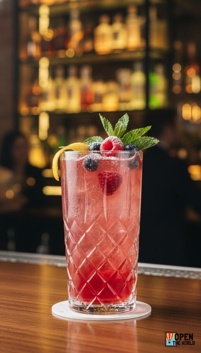 A beautiful, appetizing photo of Berry Bliss Spritzer cocktail, professional drink photography, elega...