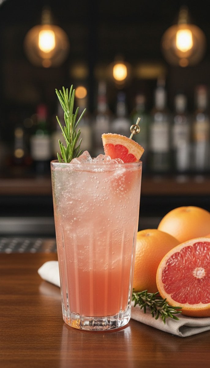 A beautiful, appetizing photo of Rosemary Grapefruit Spritzer cocktail, professional drink photograph...