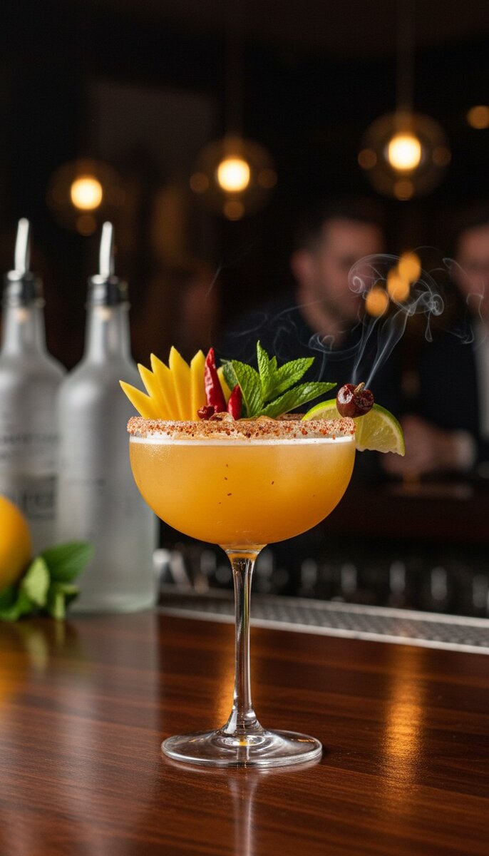 A beautiful, appetizing photo of Spicy Mango Margarita cocktail, professional drink photography, eleg...