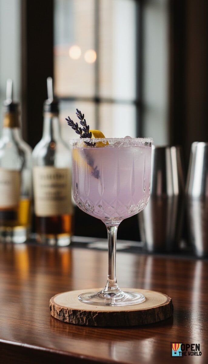 A beautiful, appetizing photo of Lavender Lemonade cocktail, professional drink photography, elegant ...