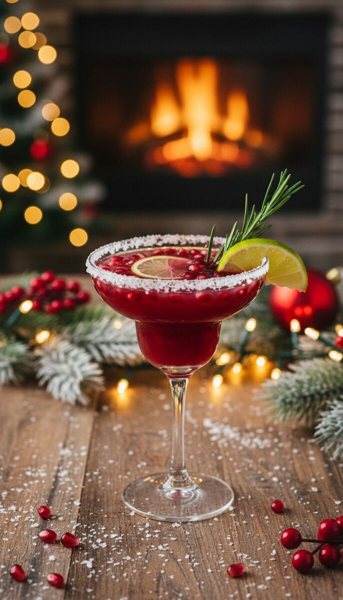 Pomegranate Margarita cocktail in xmas atmosphere