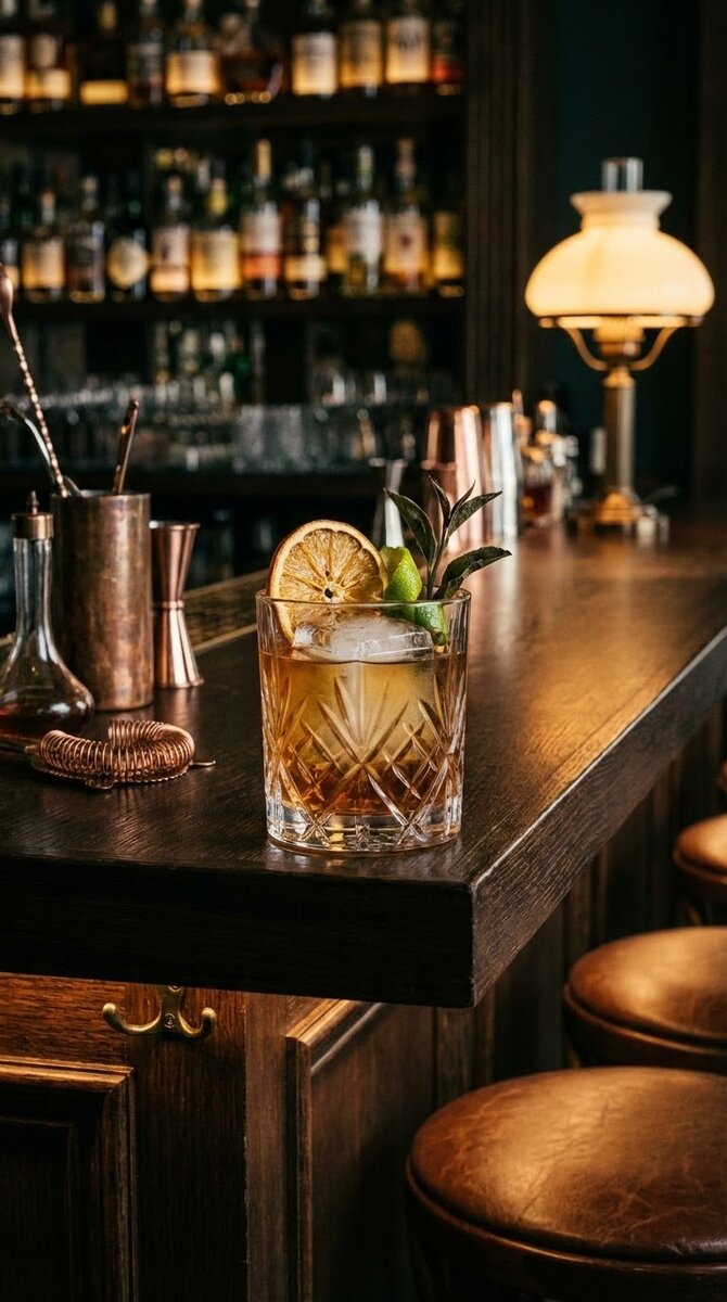 A beautiful, appetizing photo of Earl Grey Old Fashioned cocktail, professional drink photography, el...