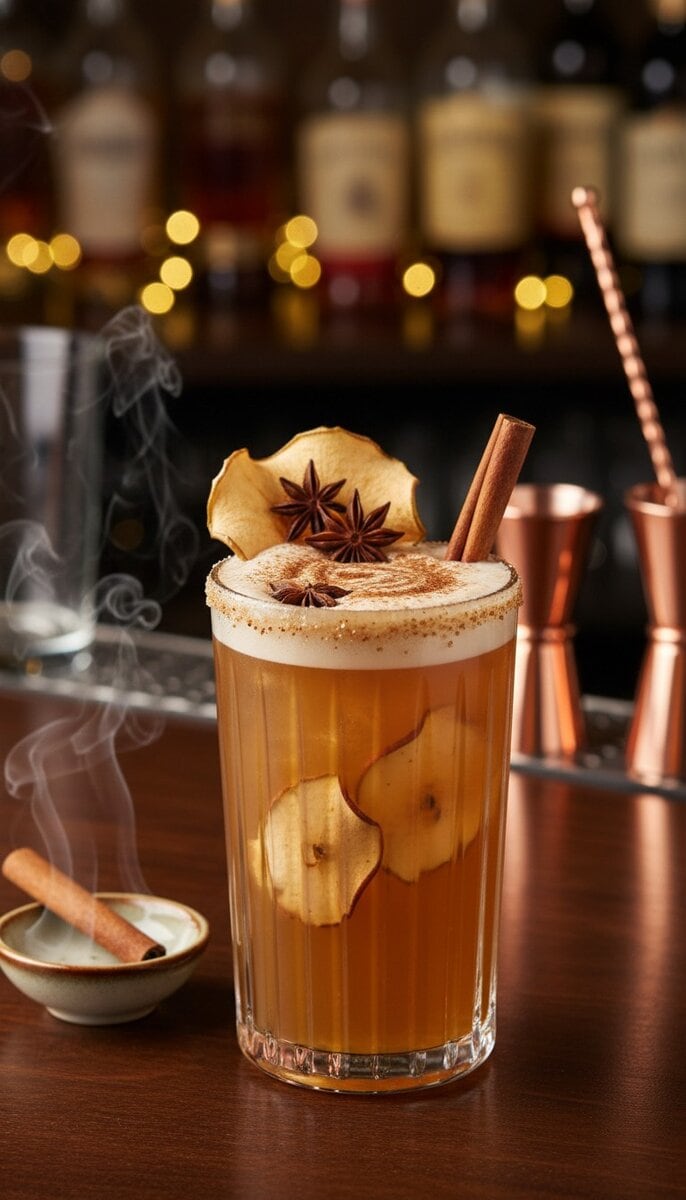 A beautiful, appetizing photo of Apple Cinnamon Warmth cocktail, professional drink photography, eleg...