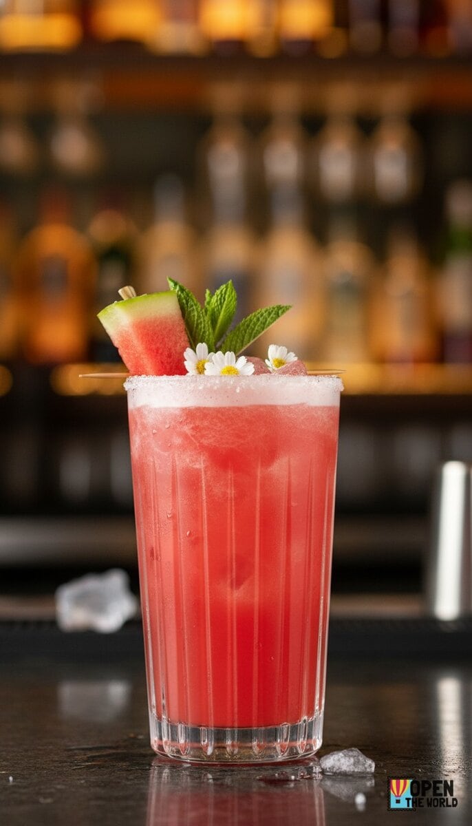 A beautiful, appetizing photo of Watermelon Wave cocktail, professional drink photography, elegant gl...