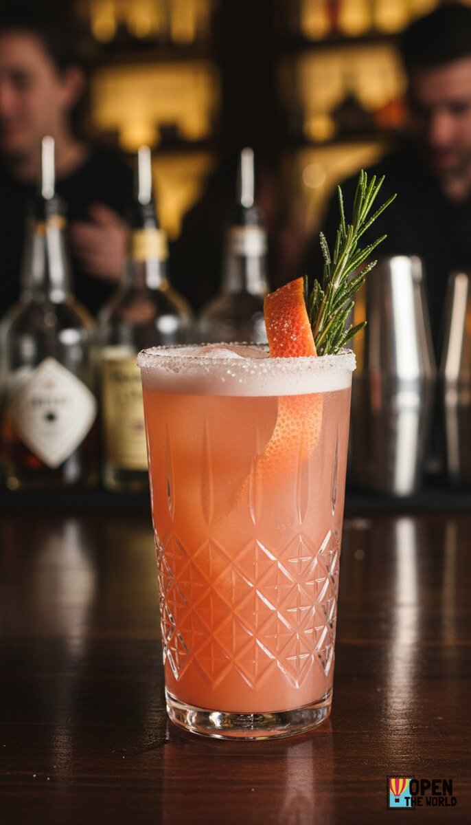 Light pink Rosemary Grapefruit Gin Fizz in a tall glass garnished with a sprig of rosemary and ice cubes.