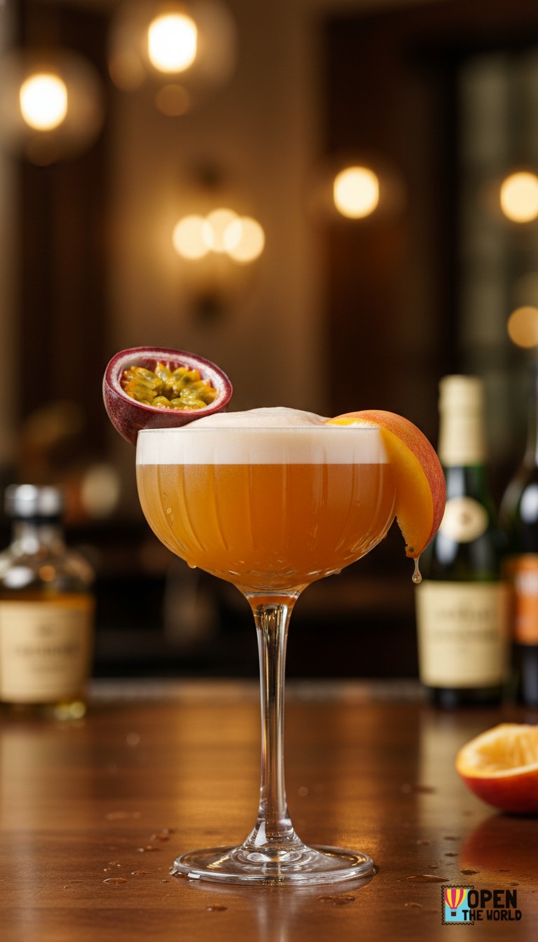 Vibrant Passionfruit Peach Bellini in a tall flute glass, featuring a frothy peach hue and a citrus garnish.