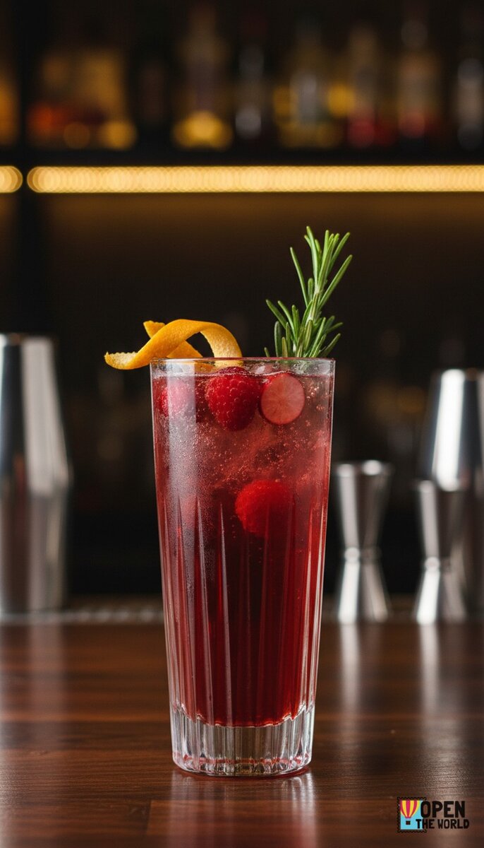 Vibrant ruby red Sparkling Ruby Elixir served in a tall glass, garnished with a twist of lemon and mint leaves, filled with ice.
