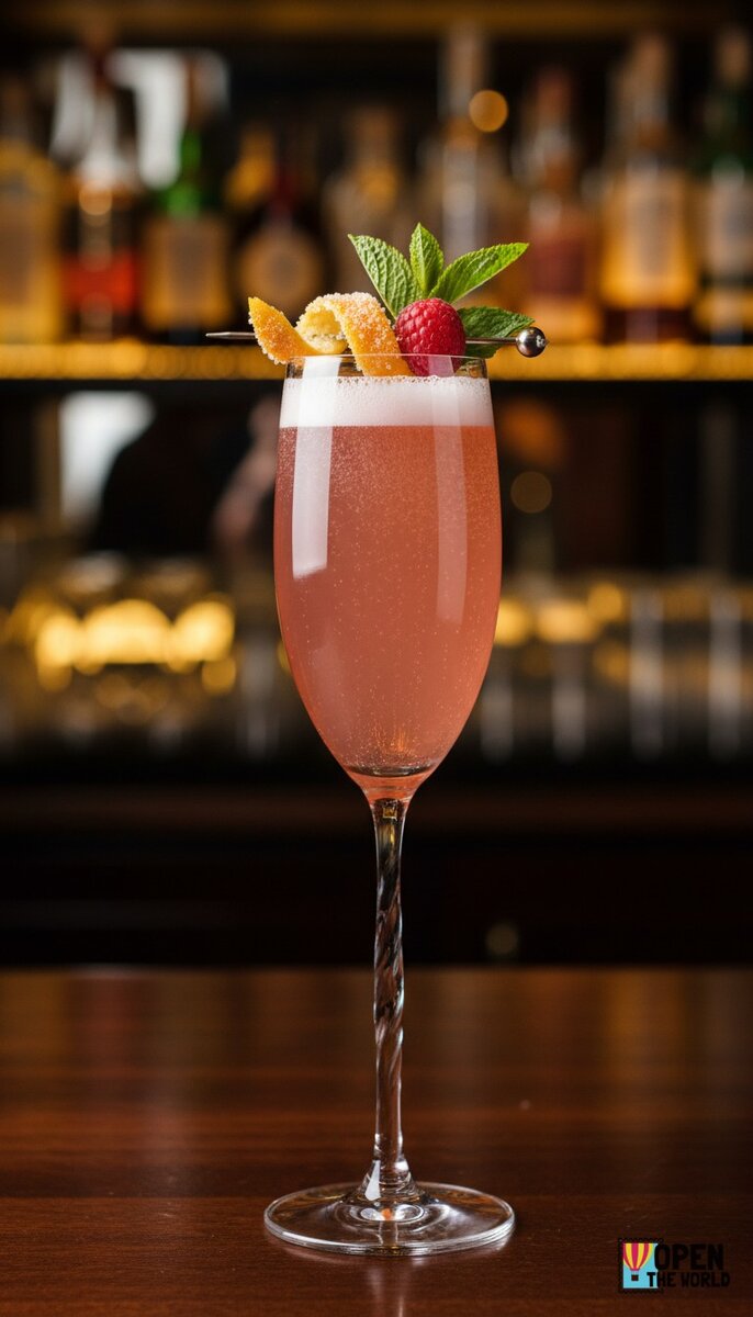 Fizzy pink champagne cocktail in a flute, garnished with a twist of lemon peel and a single raspberry.