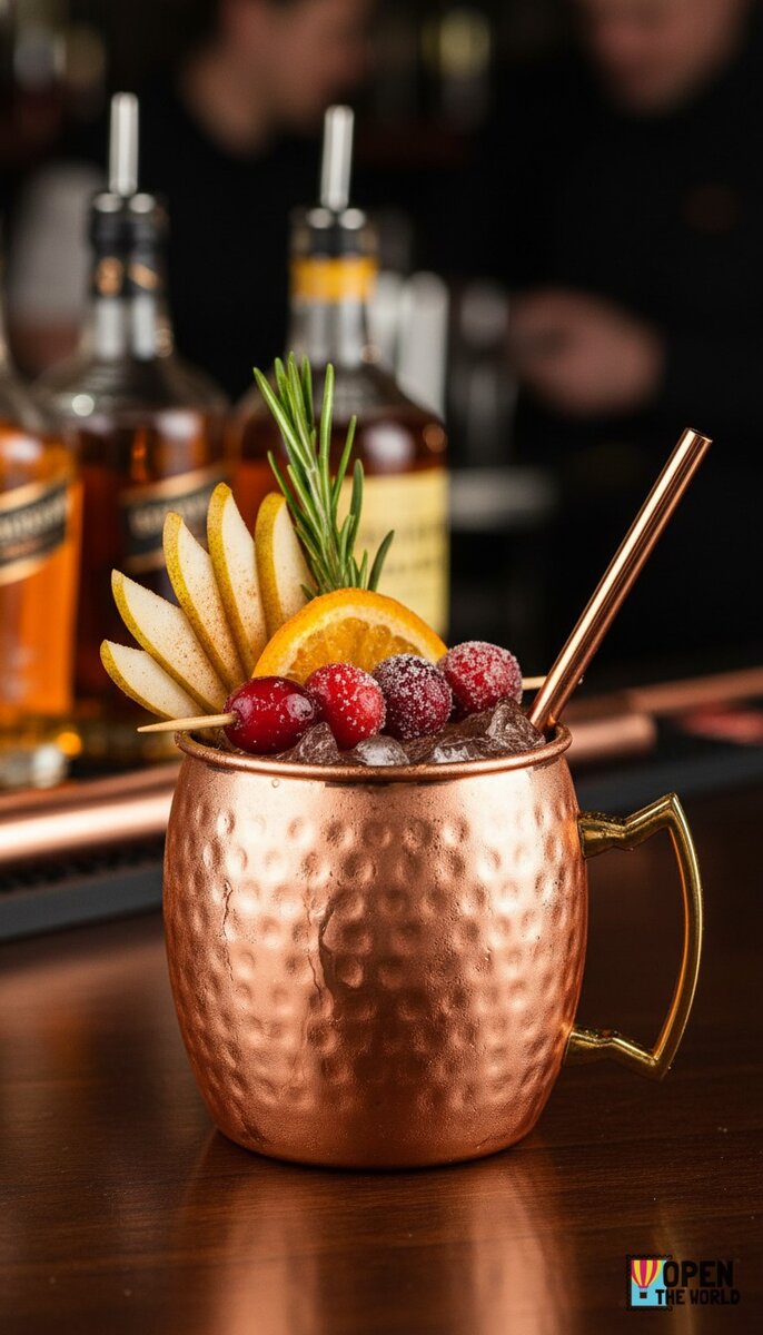 Copper mug filled with a reddish-brown concoction, garnished with a slice of pear and a sprig of rosemary over ice.