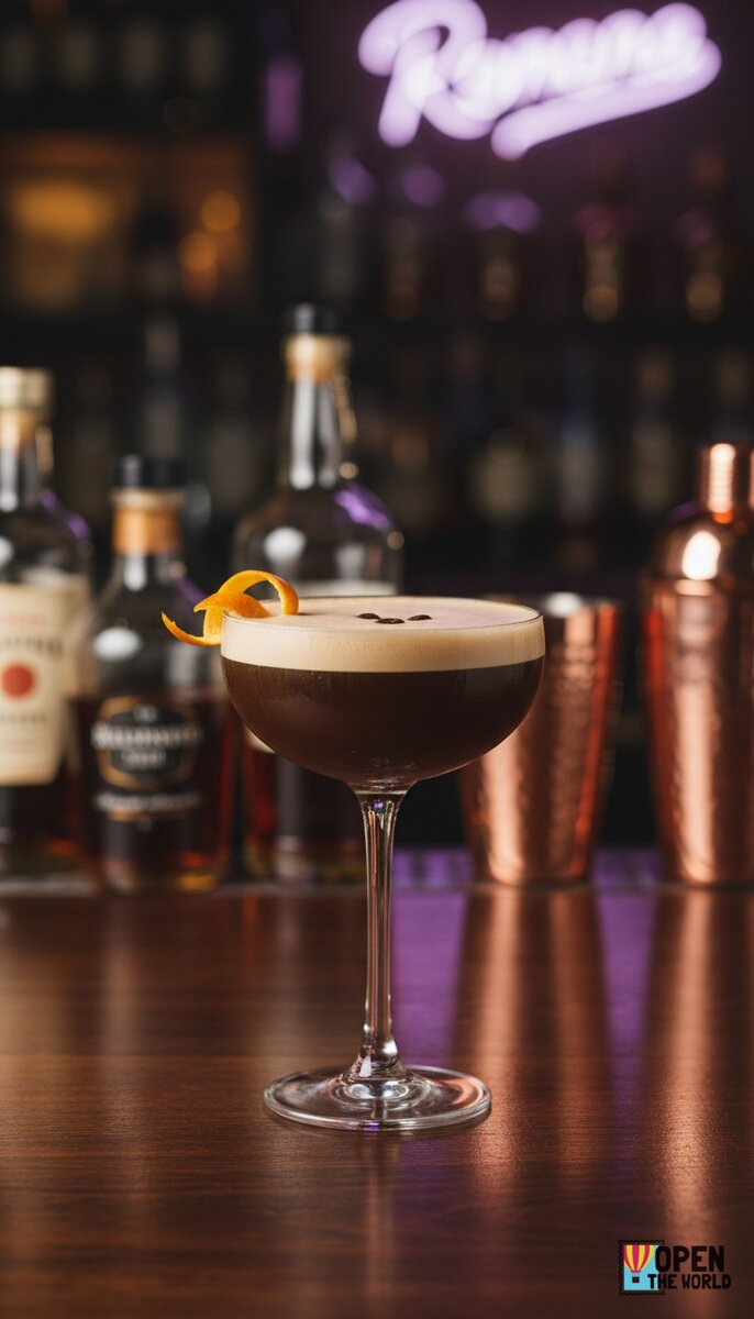 Rich, dark espresso martini in a sleek coupe glass, garnished with three coffee beans atop a velvety foam.